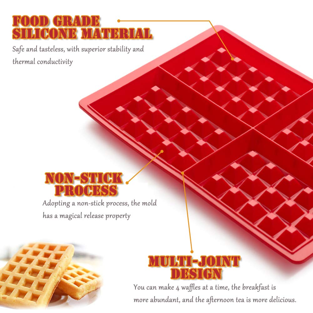 VOARGE 4 stuks siliconen wafels bakvorm, bakvorm, cakevorm, ijsblokjesvorm, chocolade, snoep, vormen, rood hart en rechthoekig