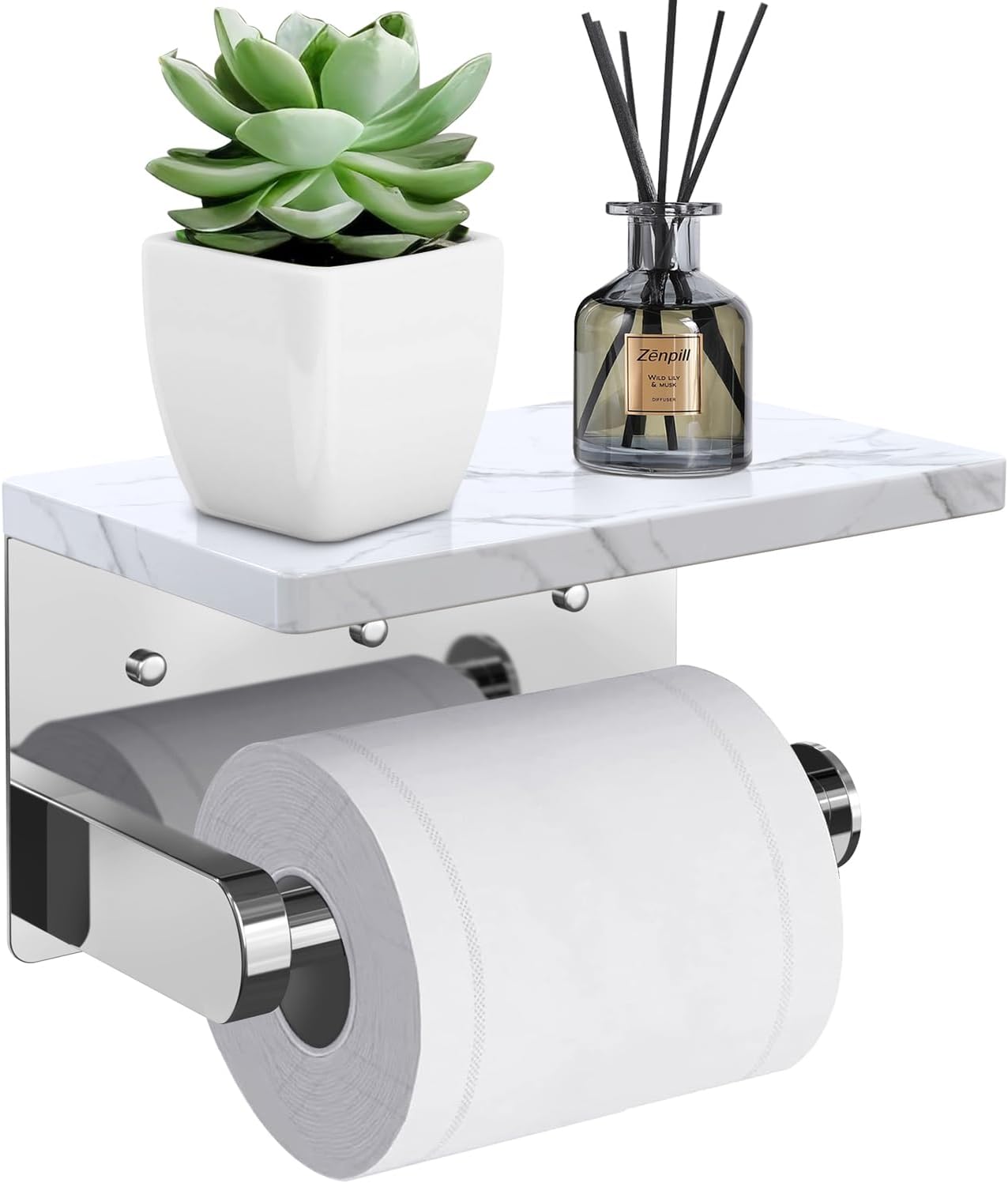 Chrome Toilet Paper Holder with Natural Marble Shelf, 304