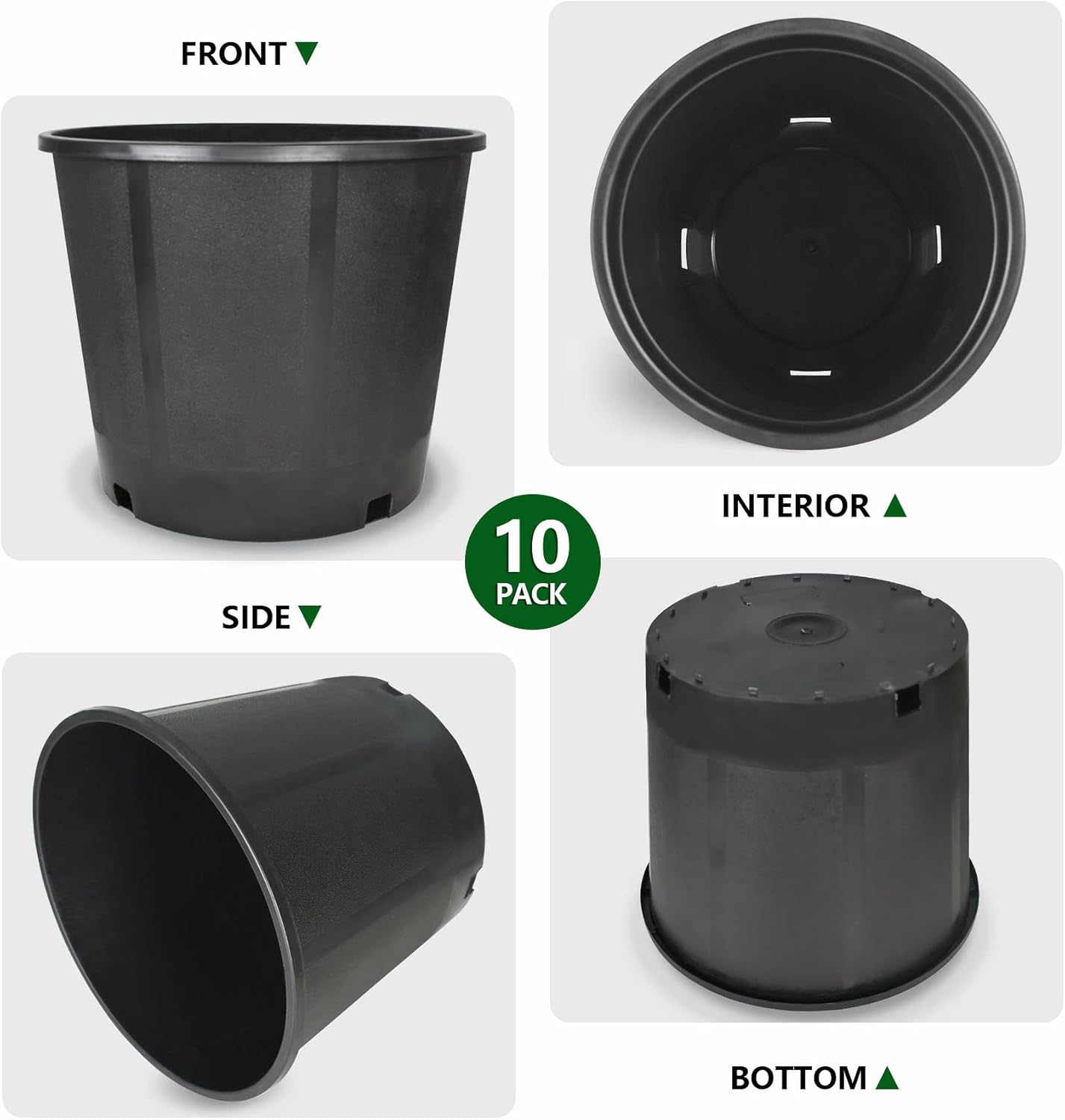 waltyotur 10PCS 3.1 Gallon Round Durable Planter Nursery Pots, Injection Molded Plastic Plant Container Garden Planter Pots for Indoor Outdoor Plants Flower Vegetables, Black