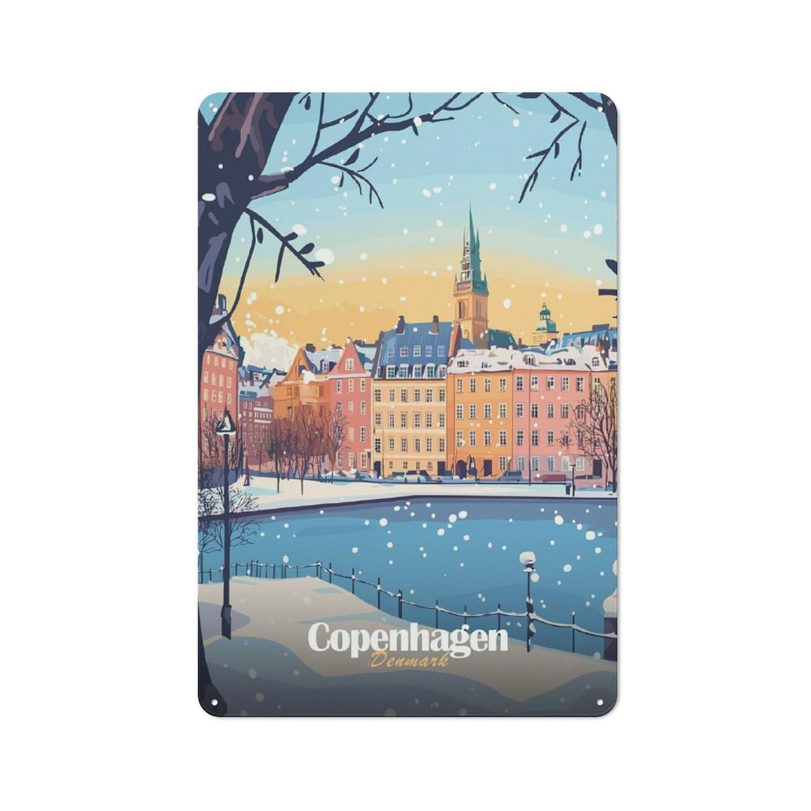 Junmoney Style-12 Copenhagen Winter Scene Vintage Tin Sign 30X20cm For Café Or Restaurant, For Café Owners And Decorators, For Retro Home Interiors