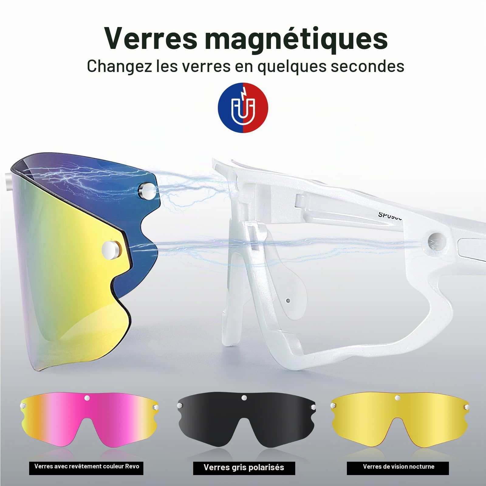 Odoland Lunettes de Cyclisme Lentilles Magnétiques de Couleur Plaqué avec Lentilles Grises Polarisées et Lentilles de Vision Nocturne Remplaçables pour Cyclisme Conduite Randonneé Homme Femme Adulte