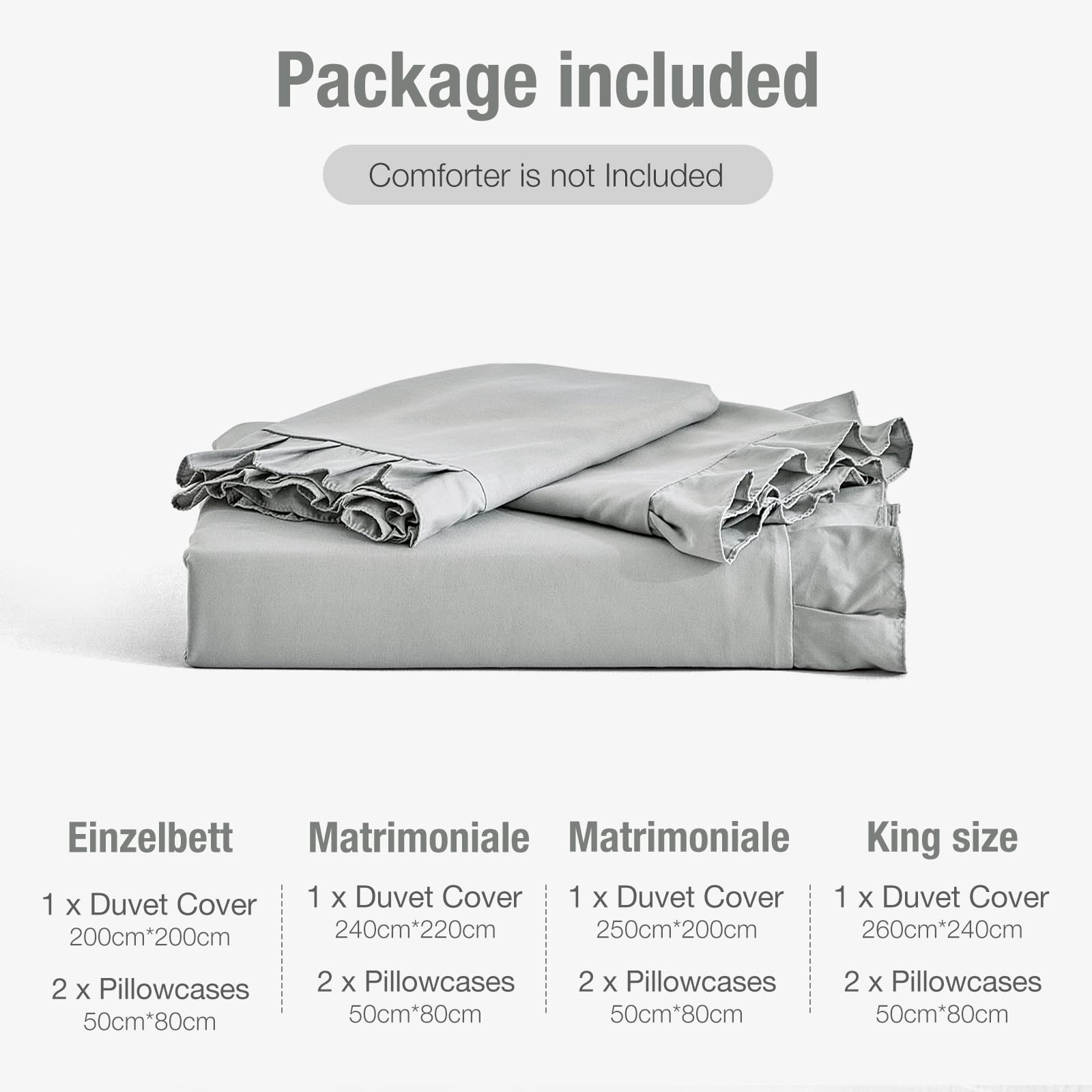 Tokokimo Set Copripiumino Matrimoniale 240x220cm, Copripiumino Matrimoniale 3 Pezzi in Microfibra Con Volant, Comprendente 1 Copripiumino 240x220 + 2 Federe 50x80, Grigio