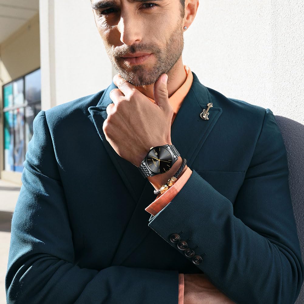 Herrenuhr aus Edelstahl, 40-mm-Zifferblatt, analoges Quarzwerk | 9-mm-extraflache Herren Armbanduhr mit Kalender, wasserdicht bis 3 ATM, eleganter Vintage-Stil in Blau, Silber und Schwarz