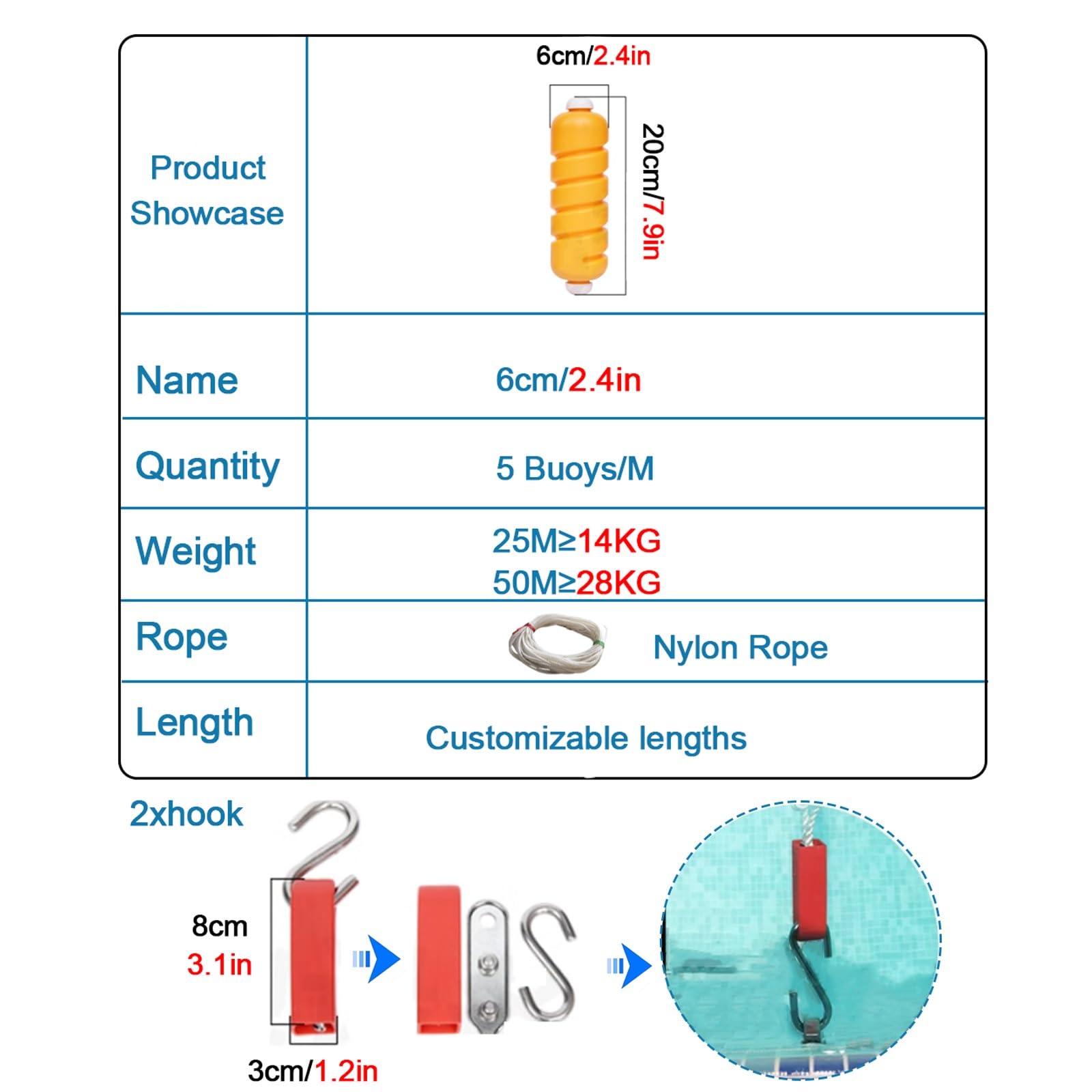 10ft/ 20ft/ 30ft/ 40ft/ 50ft/ 60ft/90ft/130ft Long Pool Buoy Rope Line, 1m/3.3ft Rope with 5 Buoy for Dividing Lanes Areas , Divider Floating Buoy Line for Shallow Beaches Home/public Pool ( Size : 20