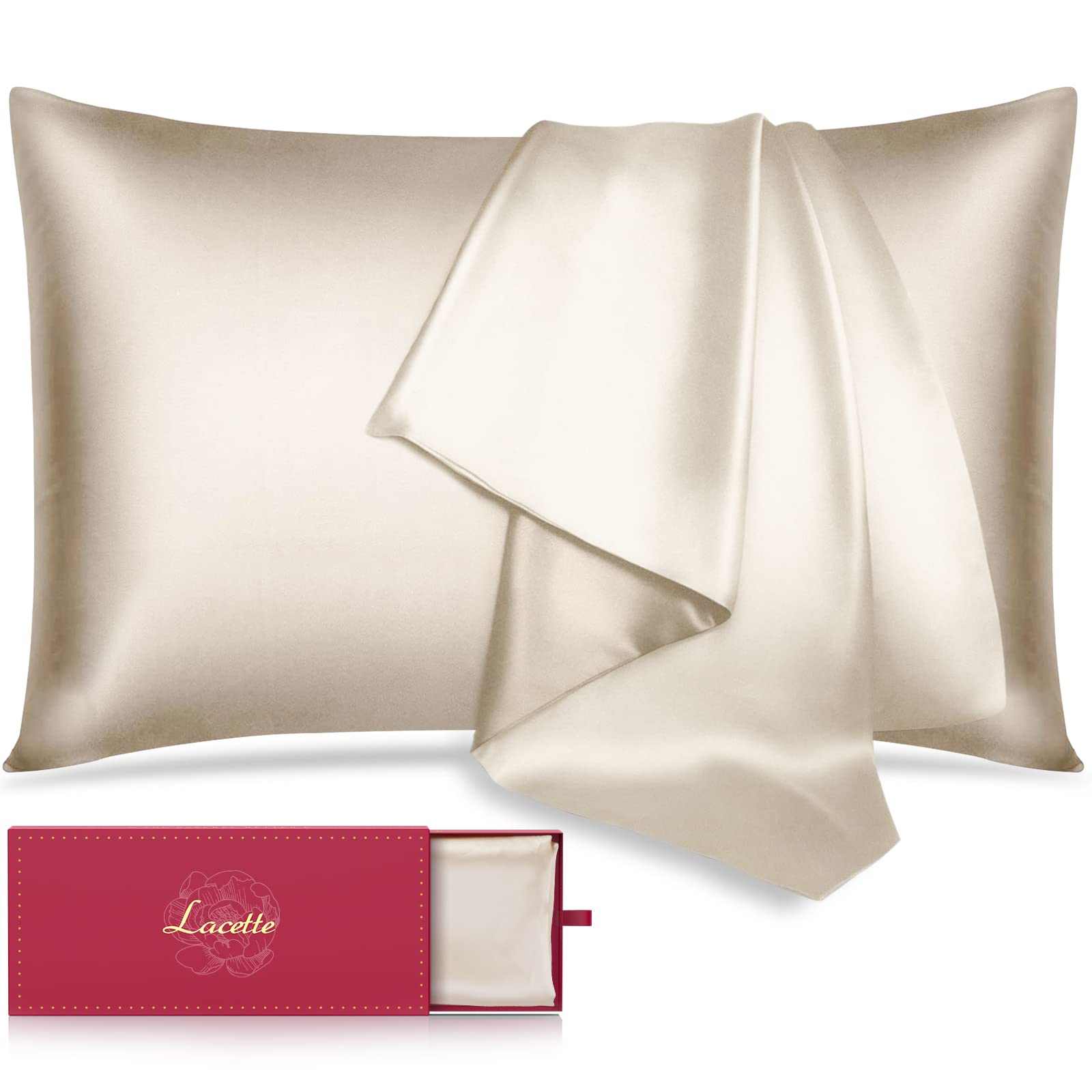 Silk Pillowcase for Hair and Skin,Lacette 22 Momme 6A Soft Mulberry Silk Pillow case with Hidden Zipper,600 Thread Count, Dual Side Silk/Wood Pulp Fiber Pillow Cover(Champagne,Standard 20"x26",1 Pack)