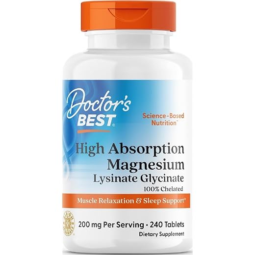 Doctor's Best High Absorption Magnesium Glycinate Lysinate Supplement for Sleep Support - Chelated Magnesium Tablets for Women & Men, 200mg per Serving, Supports Calm & Relaxation, Vegan - 240 Count