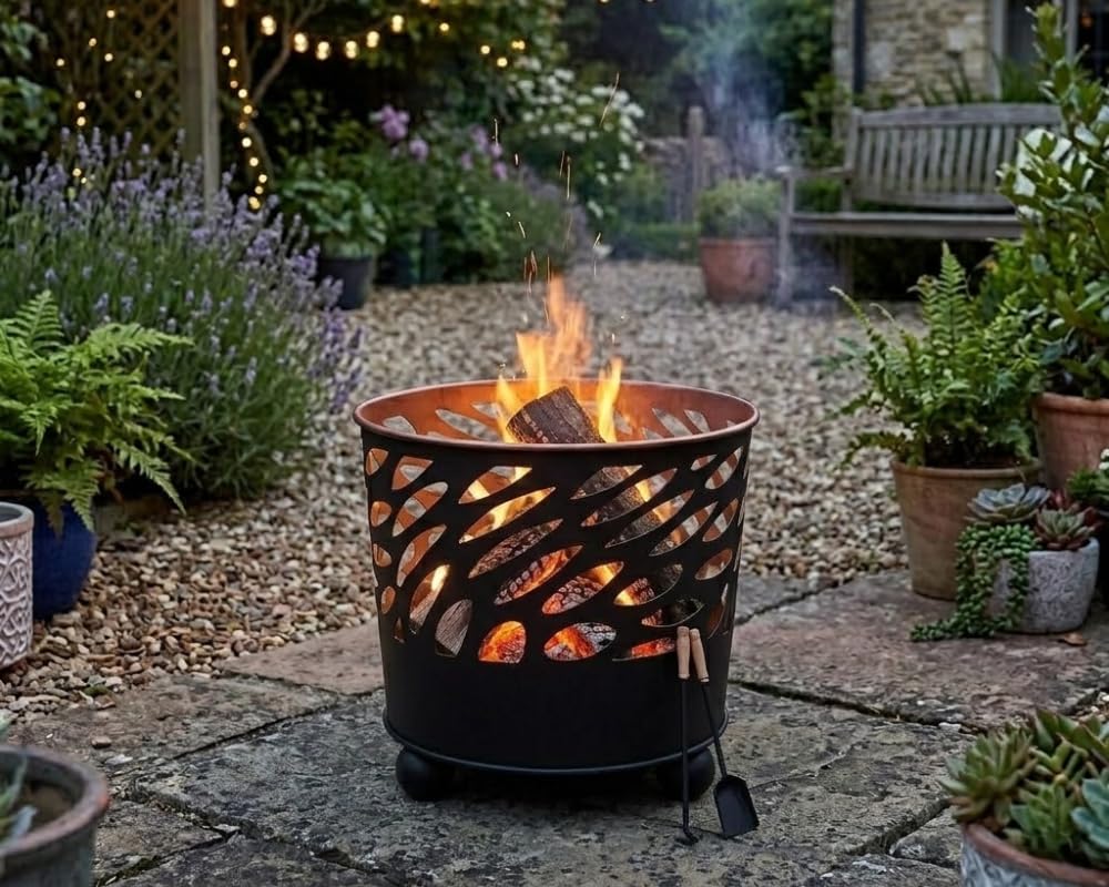 Braciere da Esterno Giardino Terrazzo Cestino in Ferro per Legna Ciotola per Fuoco Braciere Rotondo Diametro 39 cm Altezza 31,5 cm Mod. Canberra