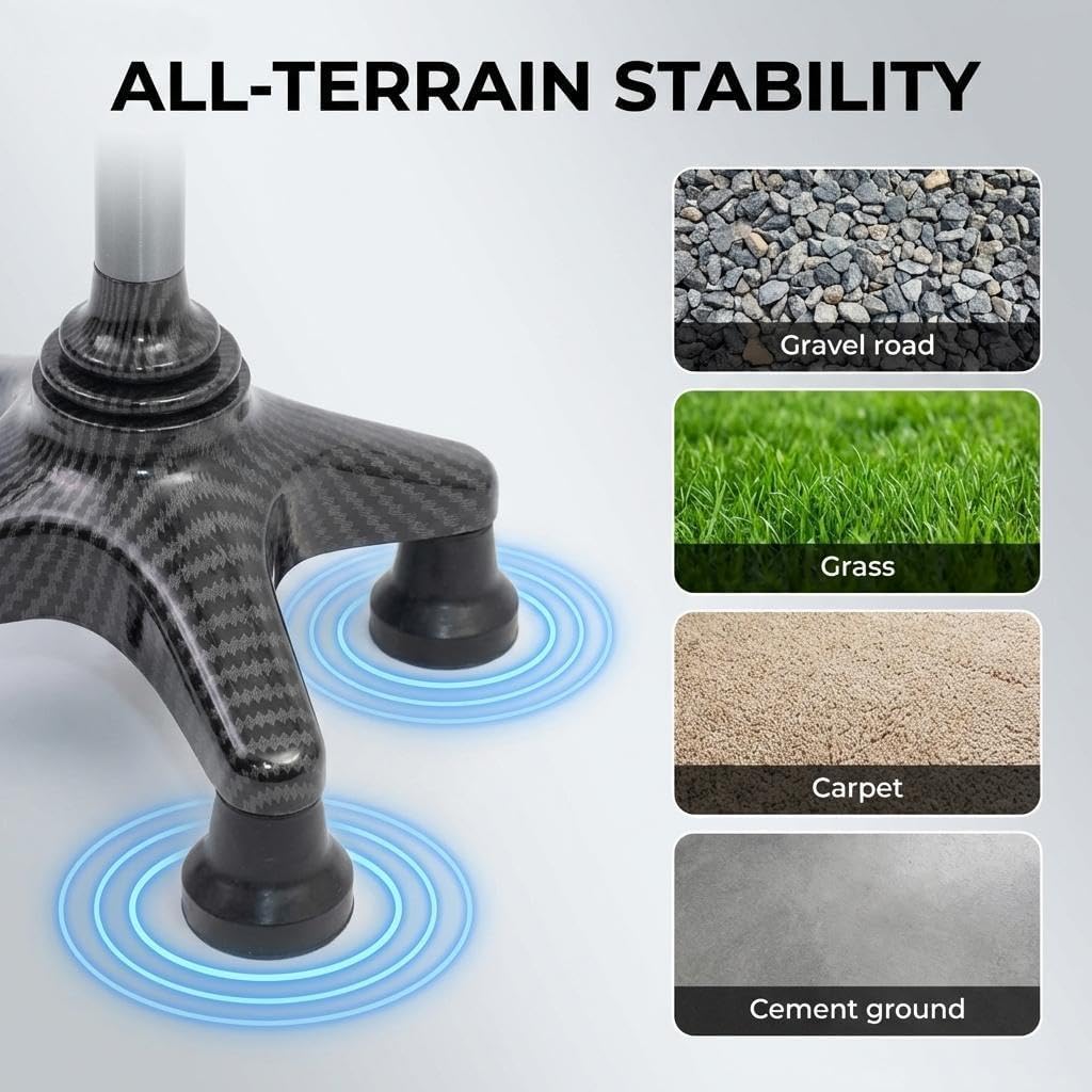Bastón para Mayores, Altura Ajustable, Antideslizante, Base Ultraligera de 4 Patas, Muleta Adulto para Hombre y Mujer, Material de Fibra de Carbono