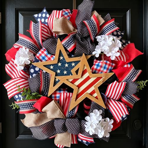 vivimemo 20 Inch Patriotic Wreath for Front Door, 4th of July Wreath with Wooden Stars & Hydrangea, Red White Blue Ribbon Wreaths for Independence Day Memorial Day Home Wall Porch Decor