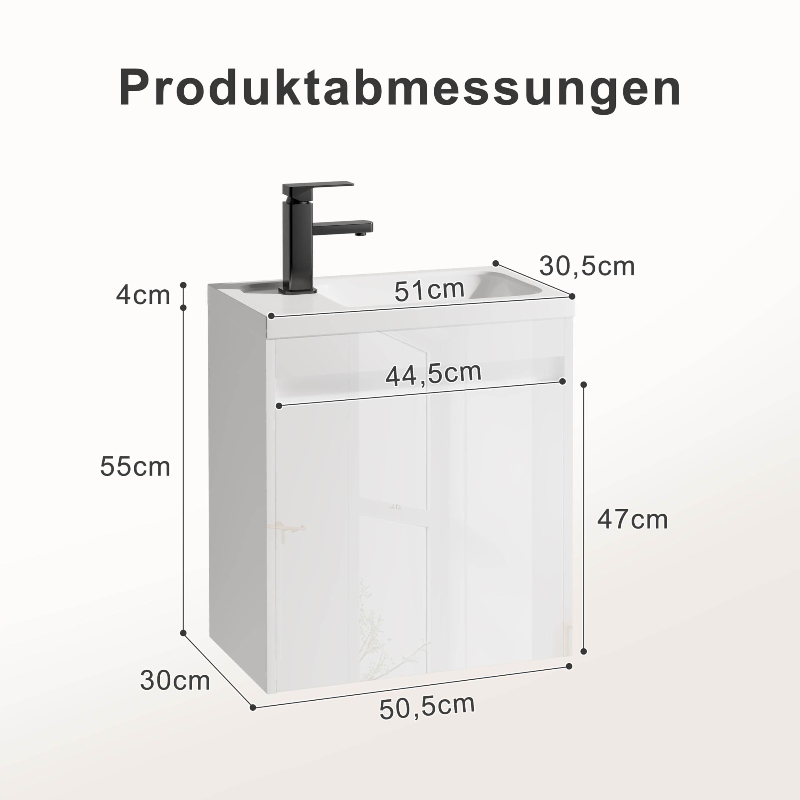 UEV Umywalka z szafką dolną 50,5 cm, WC dla gości, umywalka z szafką pod umywalkę, wisząca szafka pod umywalkę, zestaw mebli łazienkowych, biała