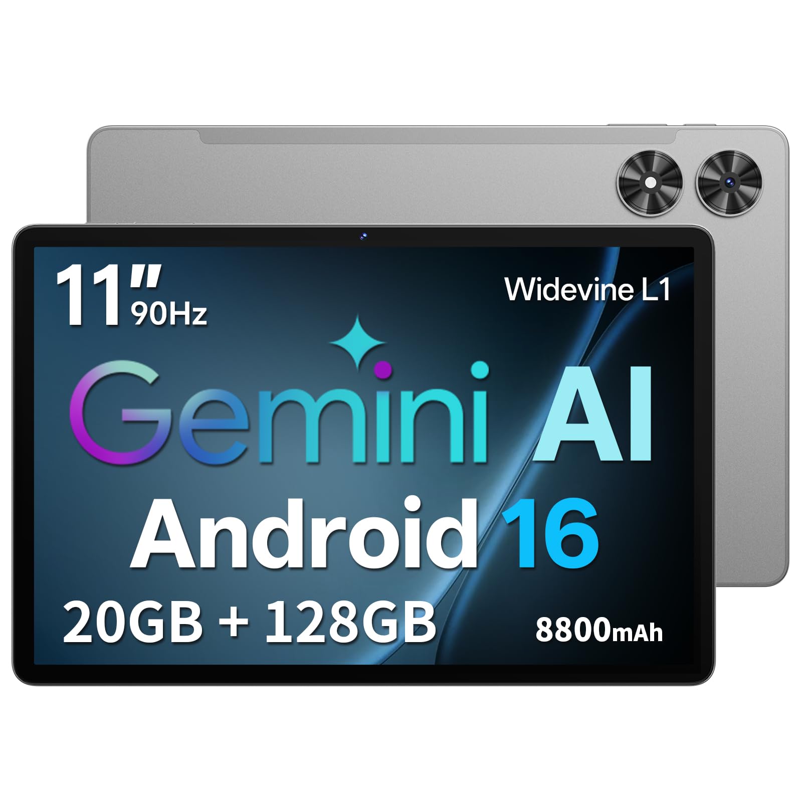 Tablet 11 Zoll mit Hülle, Android 16 System mit Gemini AI, 20GB RAM + 128GB ROM (erweiterbar auf 1TB), 90Hz Display, Unisoc T7250 Octa Core, 13MP + 8MP Kamera, Face ID, Widevine L1, 8800mAh, GPS