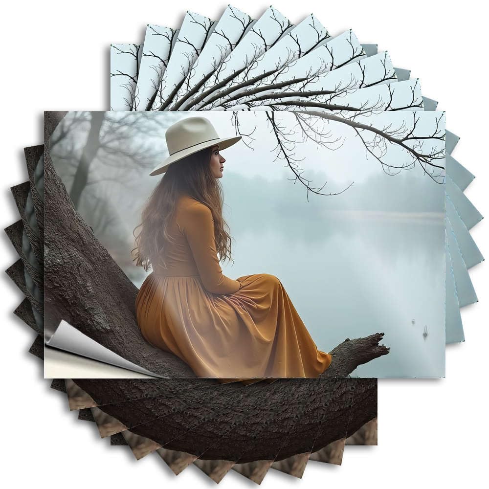 Best Saying Durable Laptop | A Woman in an Orange Dress Sits On A Tree Branch By A Serene Lake Small Self Adhesive Sticker for Christmas DIY(12X18CM)
