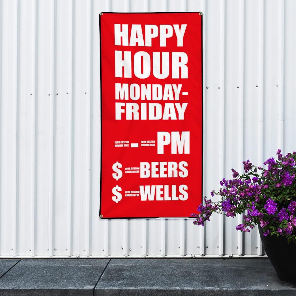 Custom Vertical Vinyl Banner Multiple Sizes Happy Hour Custom Bar Restaurant Business Outdoor Weatherproof Industrial Yard Signs 4 Grommets 40x16Inches