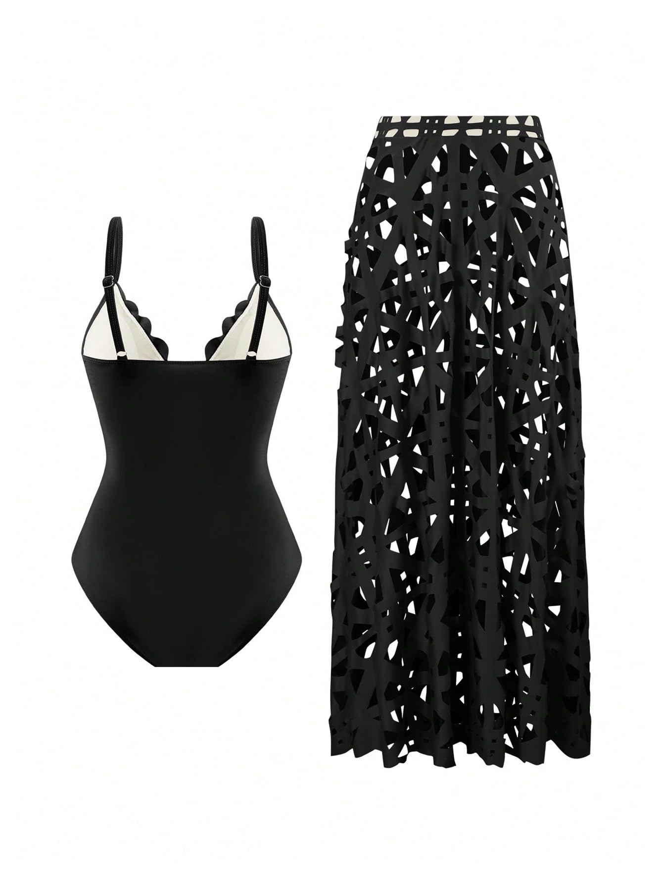 Costume da Bagno Intero Donna in 2 Pezzi Scollato con Gonna Copricostume Nero X-Large