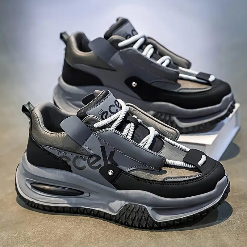 Image of Men's Athletic Running Shoes, Synthetic Leather and Mesh, Black and Grey, Air Cushioned, Lace-up