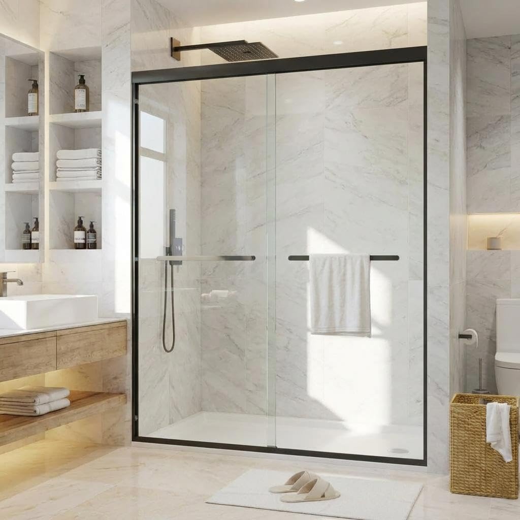 Sliding Shower Door 50-60" Adjustable Width x 72" Height, Bypass Space-Saving Design, Dual 8mm (5/16") Tempered Glass Panels with Matte Black Aluminum Alloy Frame, Easy Installation