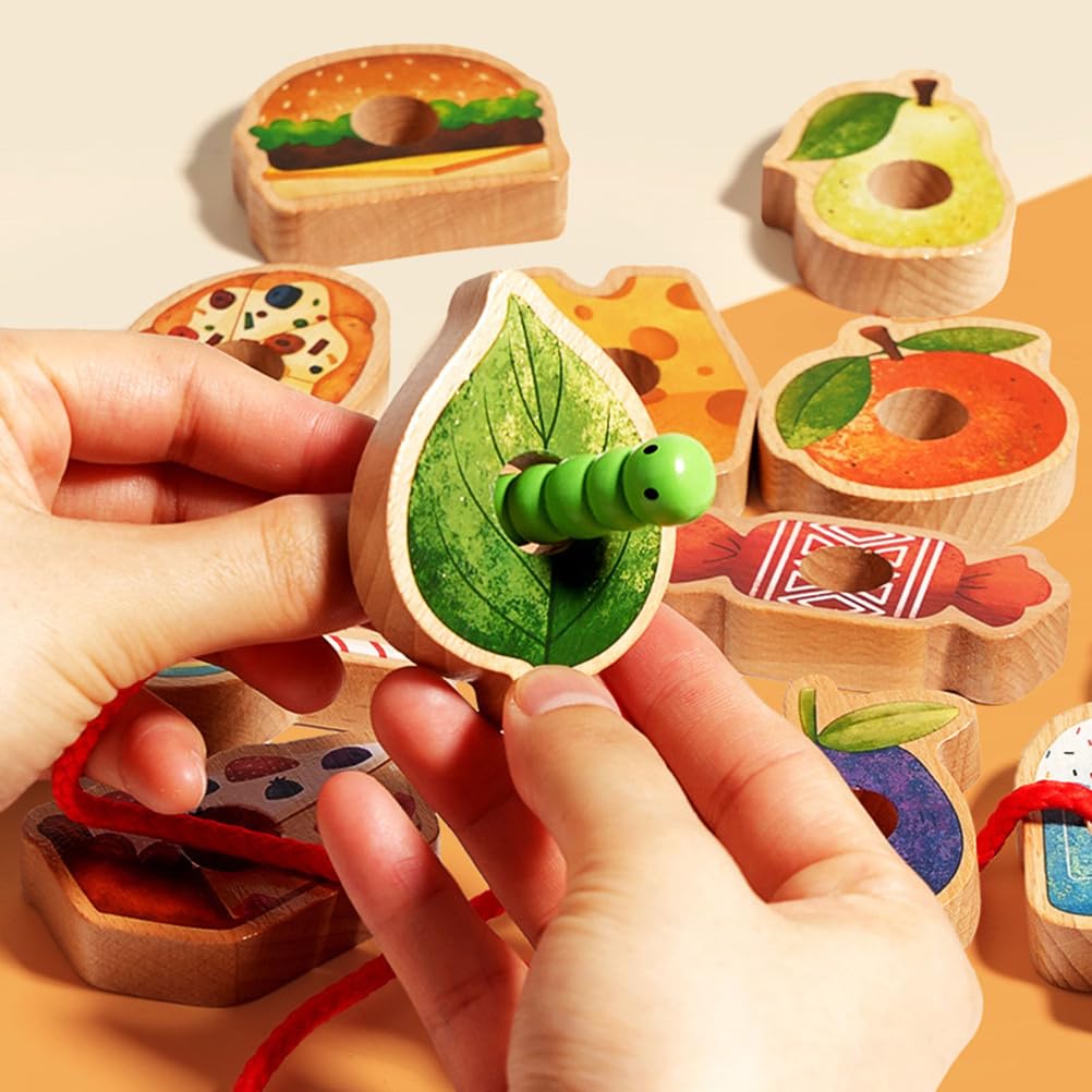 Juguete de enhebrado de Madera de Oruga glotona, Juego de Cuentas temático de Comida Montessori para niños pequeños
