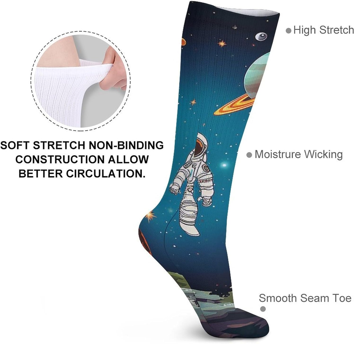 Breathable Crew Sock, Moisture Wicking, Athletic Calf Socks, Cozy | Outer Space Rocket Astronaut Compression Socks for Women Men, Lightweight High Work Socks for Business, Casual