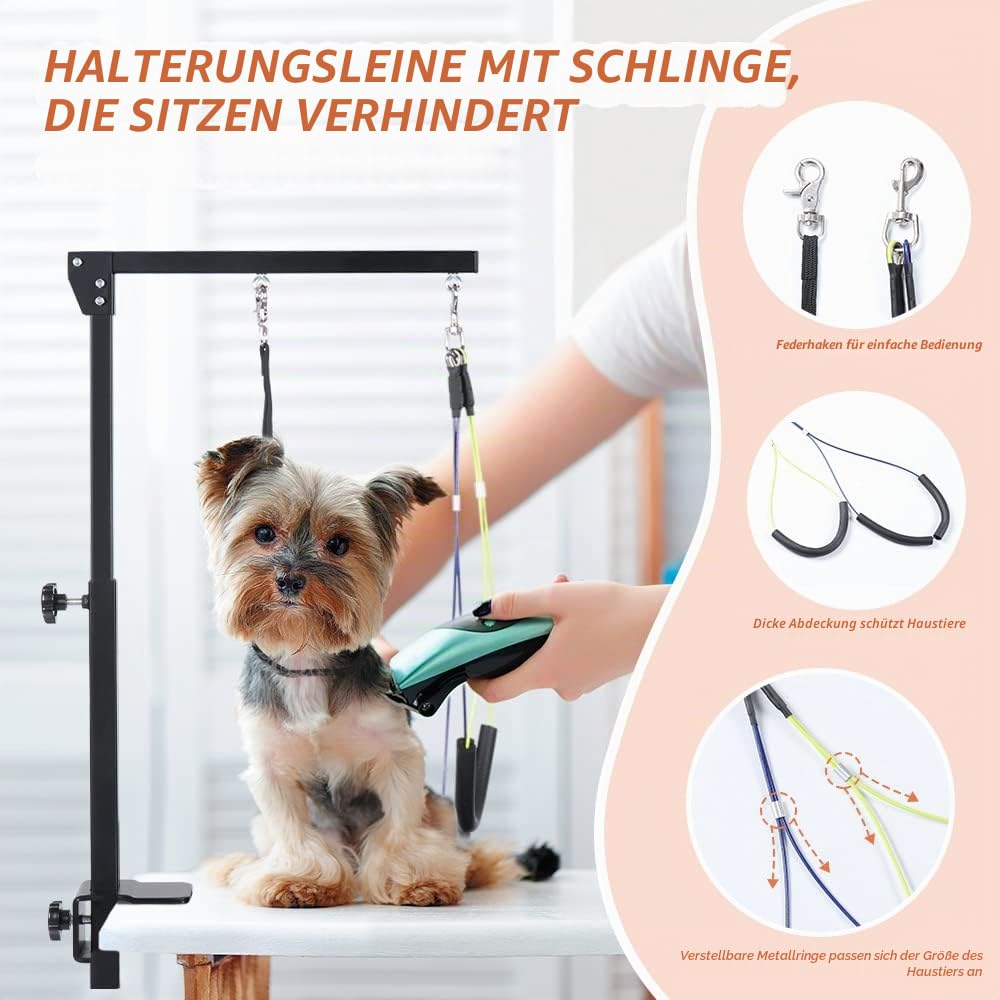 Fellpflegearm mit Klemme, Verstellbarer Hunde-Fellpflege-Tischarm mit Zwei No-Sit-Halterungen und Hängemattengeschirr, faltbares Haustierpflegezubehör für kleine, mittelgroße Hunde