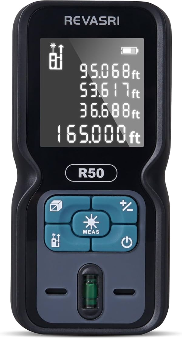Medidor de Distancia Láser REVASRI, Alcance de 165 Pies, Precisión de ±1/16 Pulgada, Herramienta de Medición Láser Fácil de Usar, Mide en Pies/Pulgadas/Pies+Pulgadas/Metros (Incluye Batería)