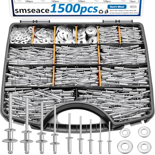 Image of smseace 1500Pcs Pop Rivets with 304 Stainless Steel Washers Assortment Kit Packed in Handheld Box 14-Sizes (3 /32 inch 1 /8 inch 5 /32 inch 3 /16 inch1 /4 inch) Assorted Blind Rivets for Metal,Furniture,Automotive,Instrument