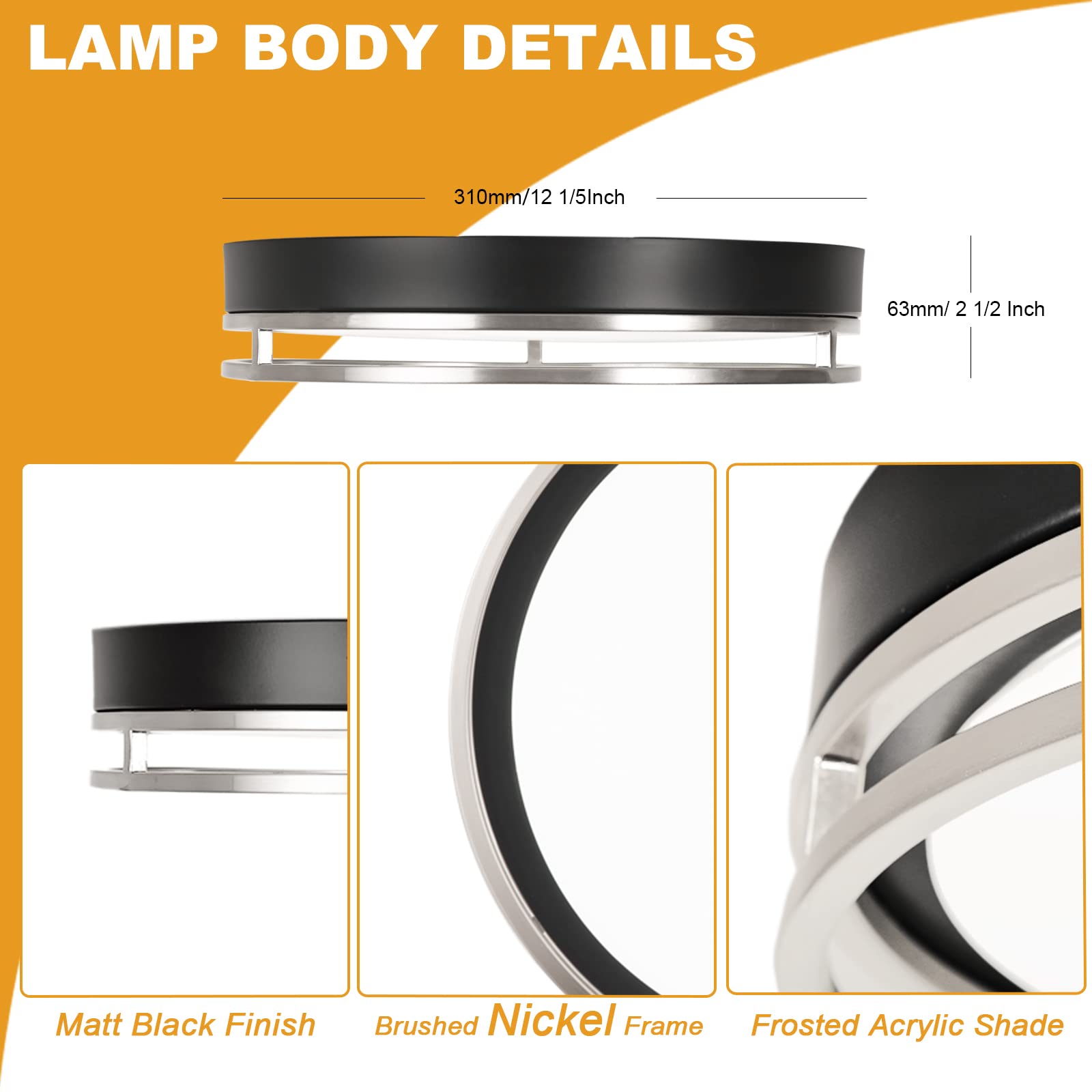 Flynix 12.5 Inch LED Flush Mount Ceiling Light Fixture, 26W, Super Bright 1700 Lumens, 3 Color 3000K/4000K/5000K, Dimmable Ceiling Lamp for Bedroom Hallway Bathroom Kitchen Laundry (Black Nickel)