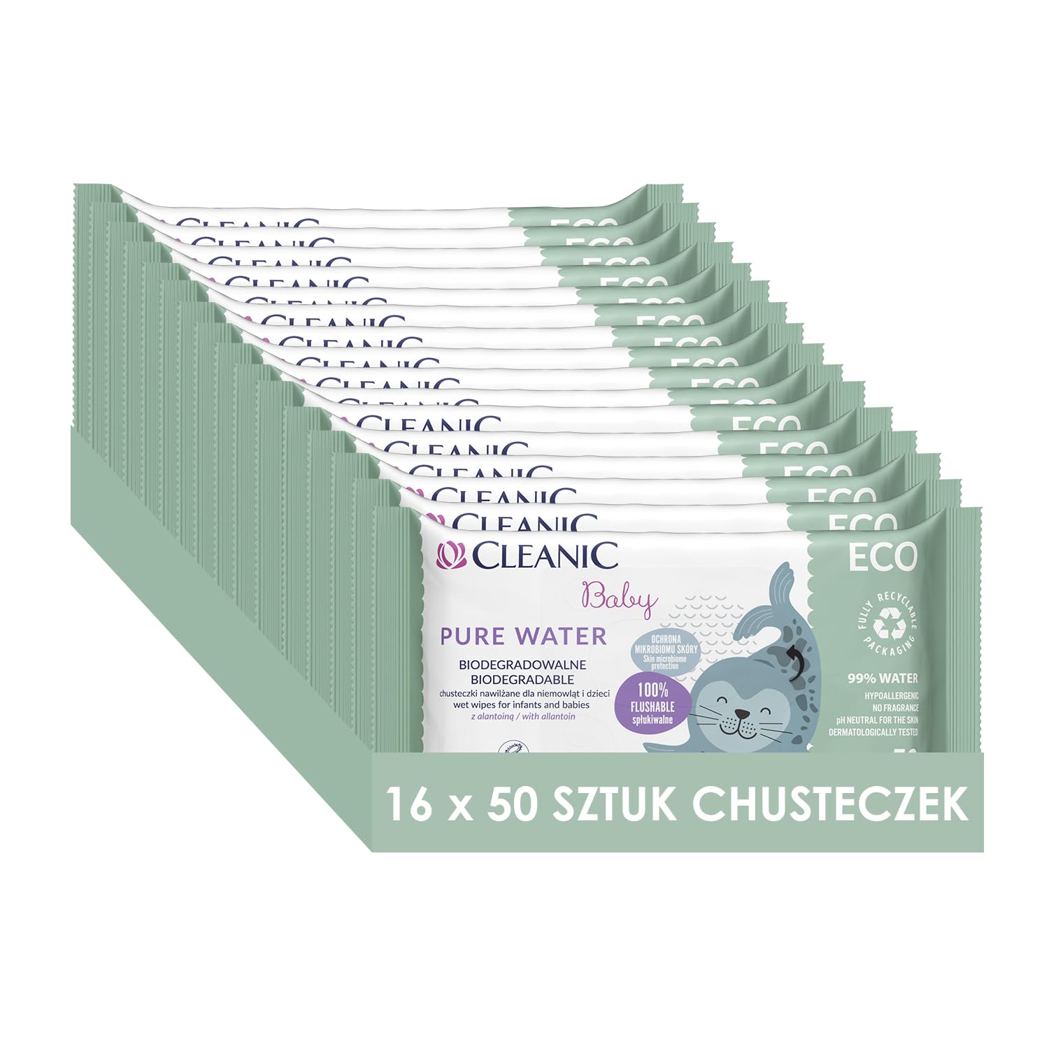 Cleanic Chusteczki nawilżane Baby Eco Pure Water dla dzieci i niemowląt - 99% skład na bazie wody - alantoina - bez perfum - jednorazowe - dla skóry wrażliwej - 50 x 16 sztuk