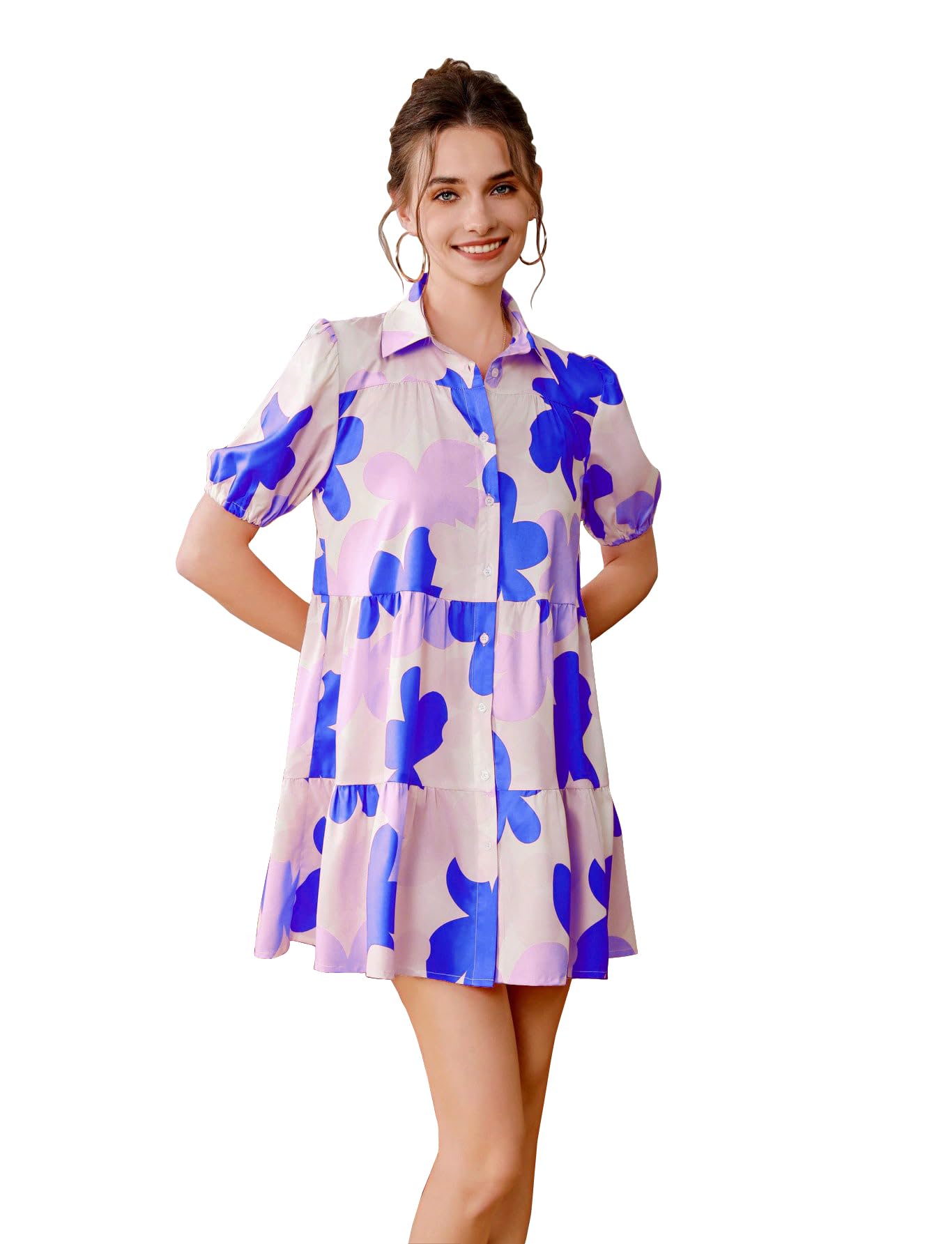 Shasmi Women's Blue Flower Print Short Sleeve Button Front All-Over Printed Dresses, Ruffle Hem Smock Dress For Woman (161 Dress Blue-Xl)