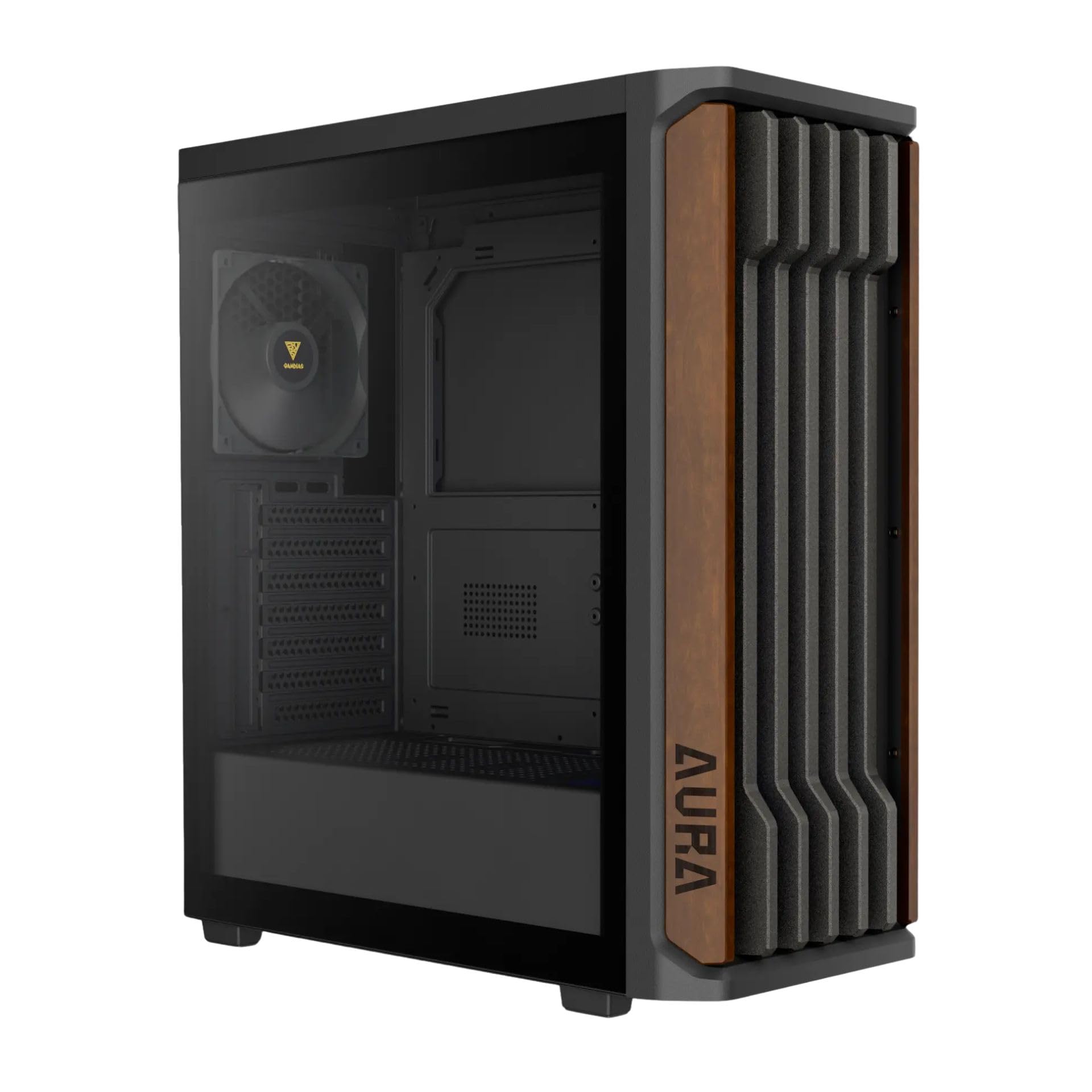 GAMDIAS AURA GC11 WOOD ATX - Carcasa para PC de media torre para juegos, panel frontal de malla de nogal, 4 ventiladores de 120 mm, filtro magnético contra el polvo, vidrio templado, instalación sin