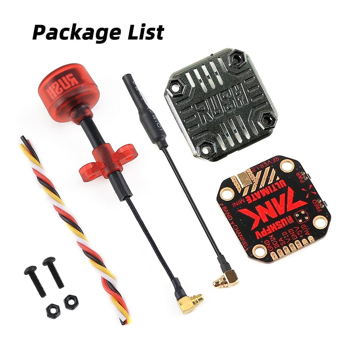 SoloGood Rush Tank - Transmisor FPV 5.8GHz 48CH Mini PIT/25/200/500/800mW VTX Transmisor de video 20x20mm Conector de codo MMCX de audio externo con antena Rush Cherry 5.8GHz RHCP para dron FPV Racing