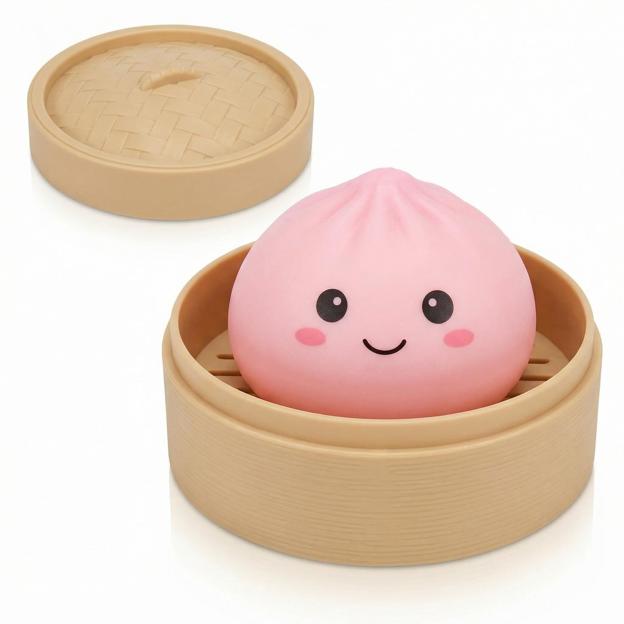 Dumpling Squishy,Squishy Dumpling Toy, Glitter Dumplings with Steamer Box, Cute Anxiety Relief Fidget Toy, Soft Squeeze Decompression Dough for Adults Teens & Kids (Pink)