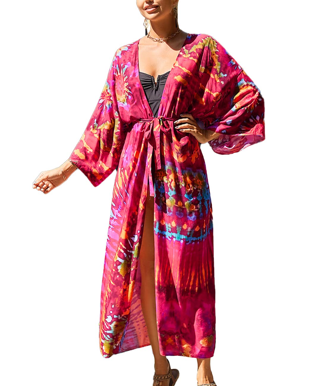 Tyidalin Playa Kimono Cárdigans Mujer Estampado Verano Boho Maxi Largo Vestido Túnica Talla Grande Rayón Pareos Bohemio