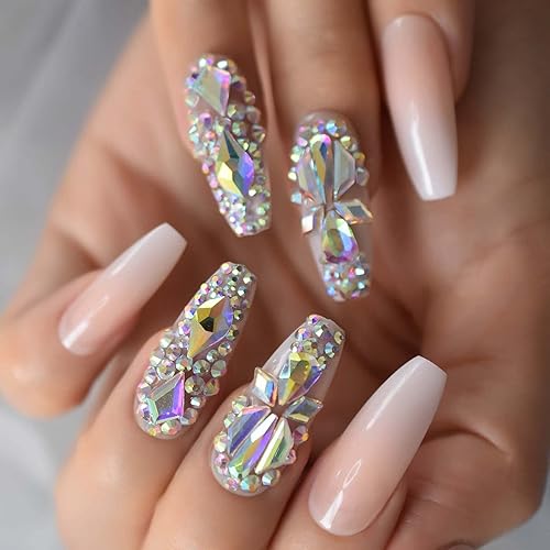 Miniatura 5 de Uñas postizas a presión francesas brillantes de diamante ombré, uñas postizas con acabado de gel UV, uñas de uso diario, uñas postizas súper largas