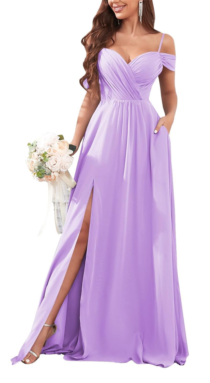 KURFACE Cold Shoulder Bridesmaid Dresses Lilac Plus Size for Women with Pockets Chiffon Long Formal Dress with Slit UK22