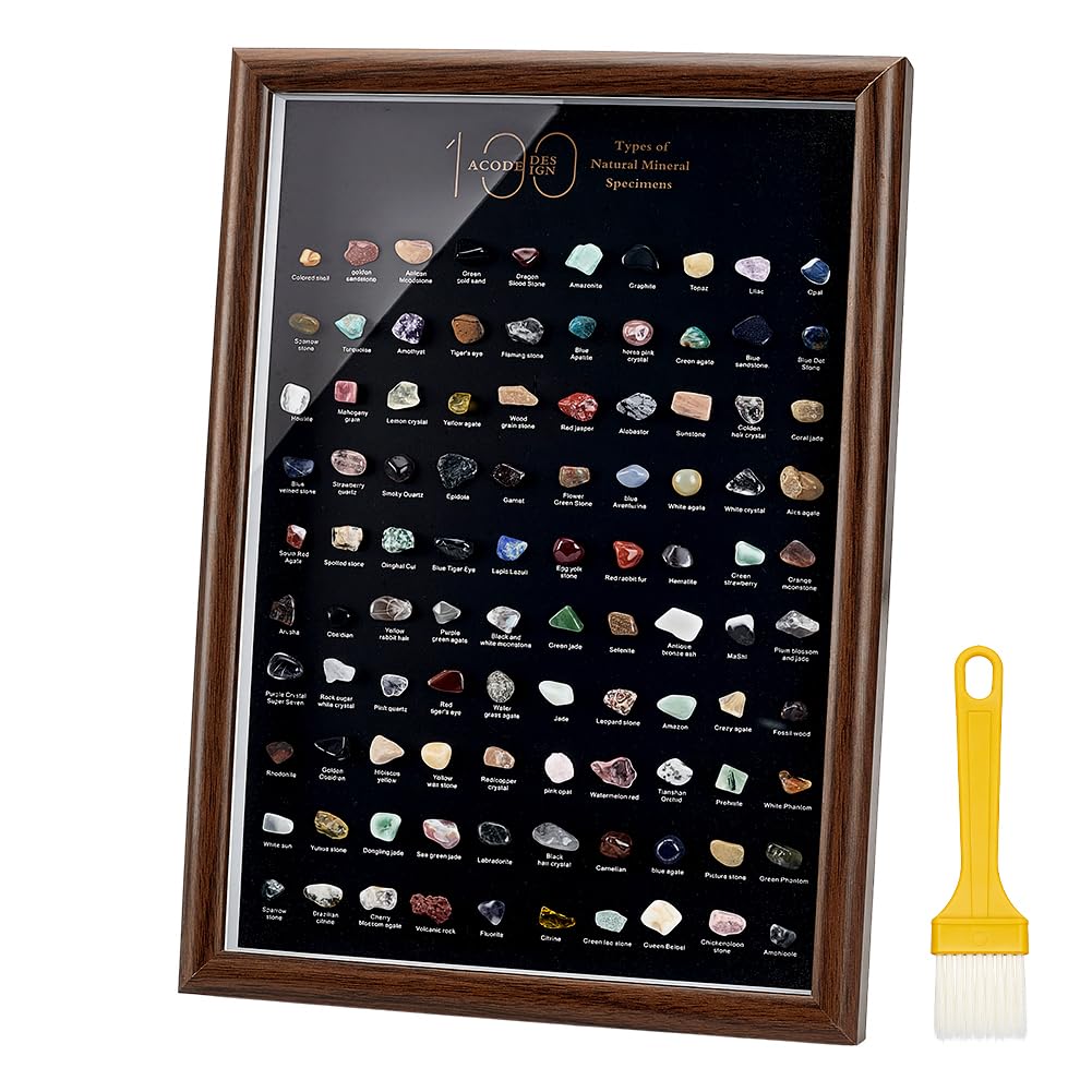 PH PandaHall Kit di Pietre e Minerali da Collezione Set di Pietre Preziose, 100pz Cristalli Pietra Minerali Naturali Cornice Espositiva per Casa Ufficio Scrivania Decorazione, 23x32cm
