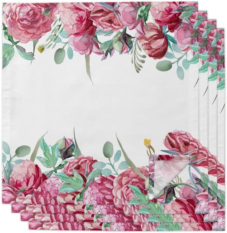 Peony Flowers Watercolor White Table Napkin Cloth Set Napkin for Party Wedding Table Cloth Kitchen Dinner Napkins(6pcs)