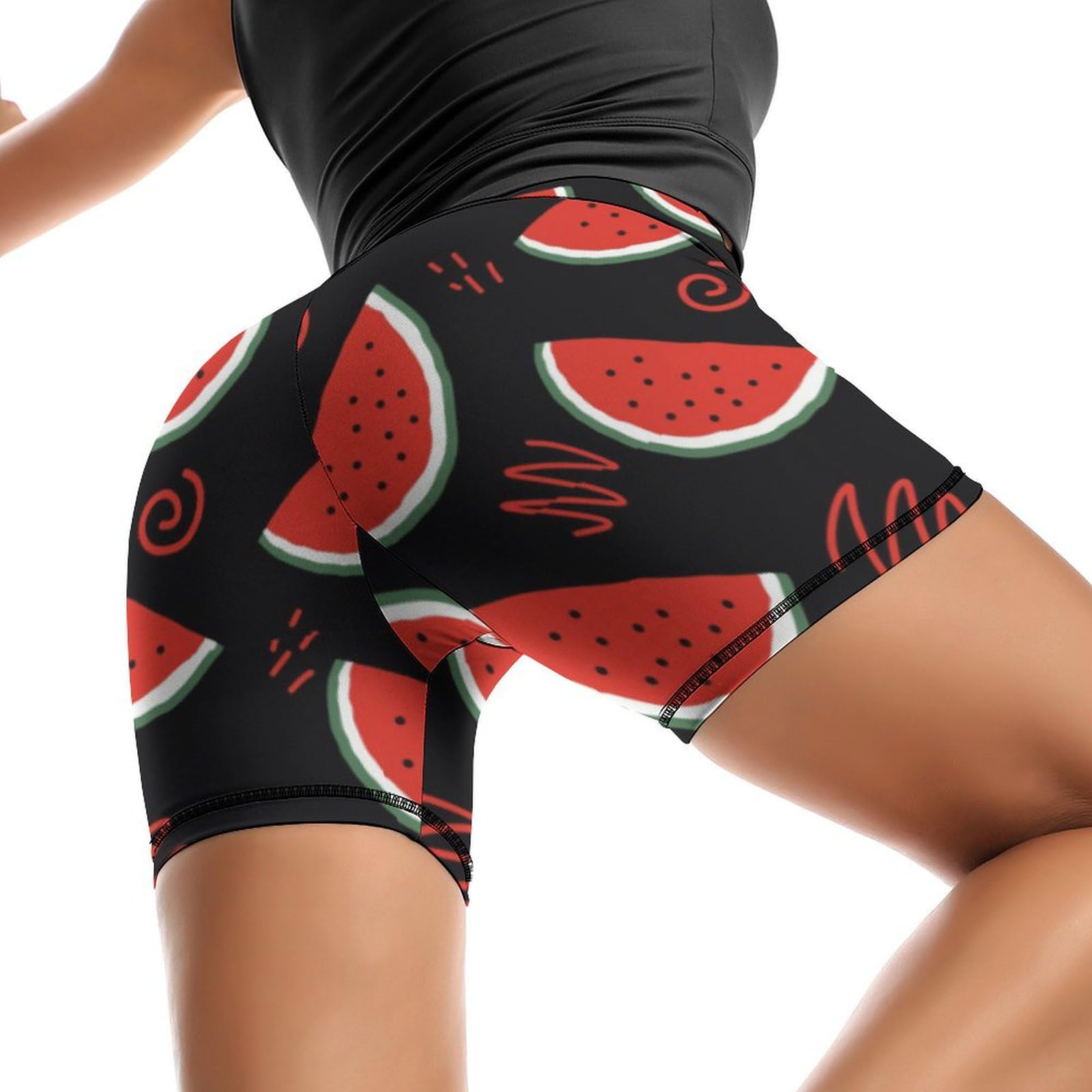 JYYAU Cute Watermelon High Waist Yoga Shorts for Women Athletic Shorts Leggings Running Pants Black