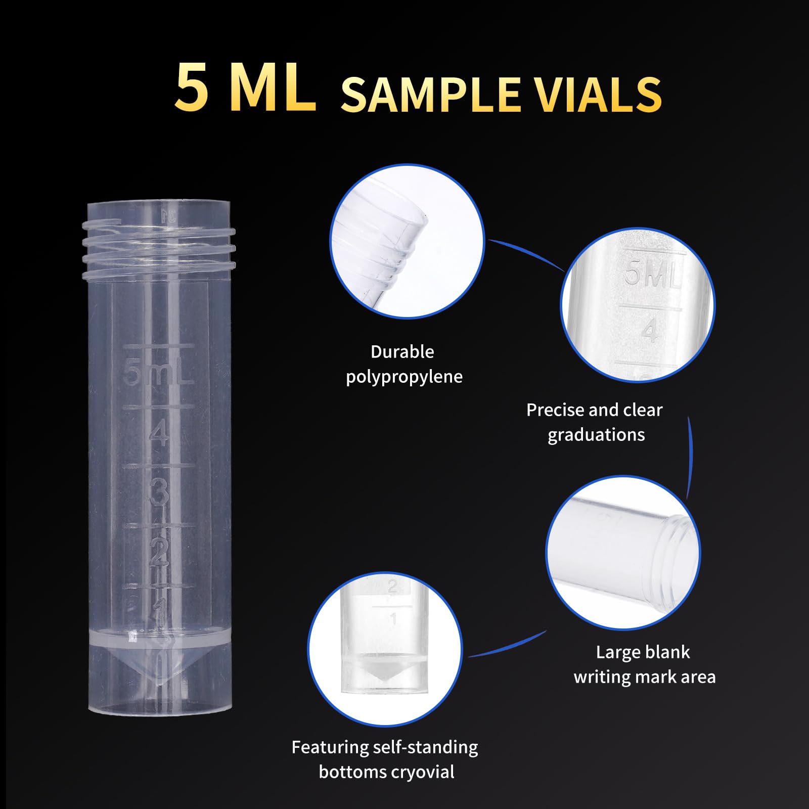 Tubos de ensayo congelados de plástico de laboratorio de 5 ml, 200 unidades, viales de criovial, tubos de ensayo de plástico, tubos de plástico autosuficientes con tapas de rosca, para