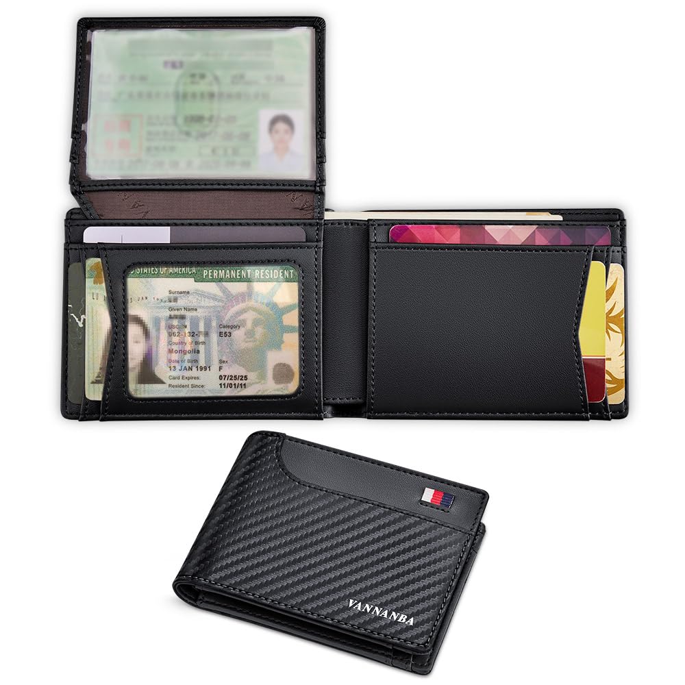 VANNANBA Carbon Fiber Rfid Blocking Bifold Credit Card Holder with Bill Compartment,Minimalist Slim Wallet for Men with Gift Box(Carbon Black)