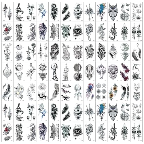 120 Negro Tatuajes Temporales Adultos, Kit de Tatuajes Temporales Tatuajes Falsos 3D Impermeables Tatuajes Temporales Adultos, Pegatinas De Tatuaje Impermeables Semipermanentes