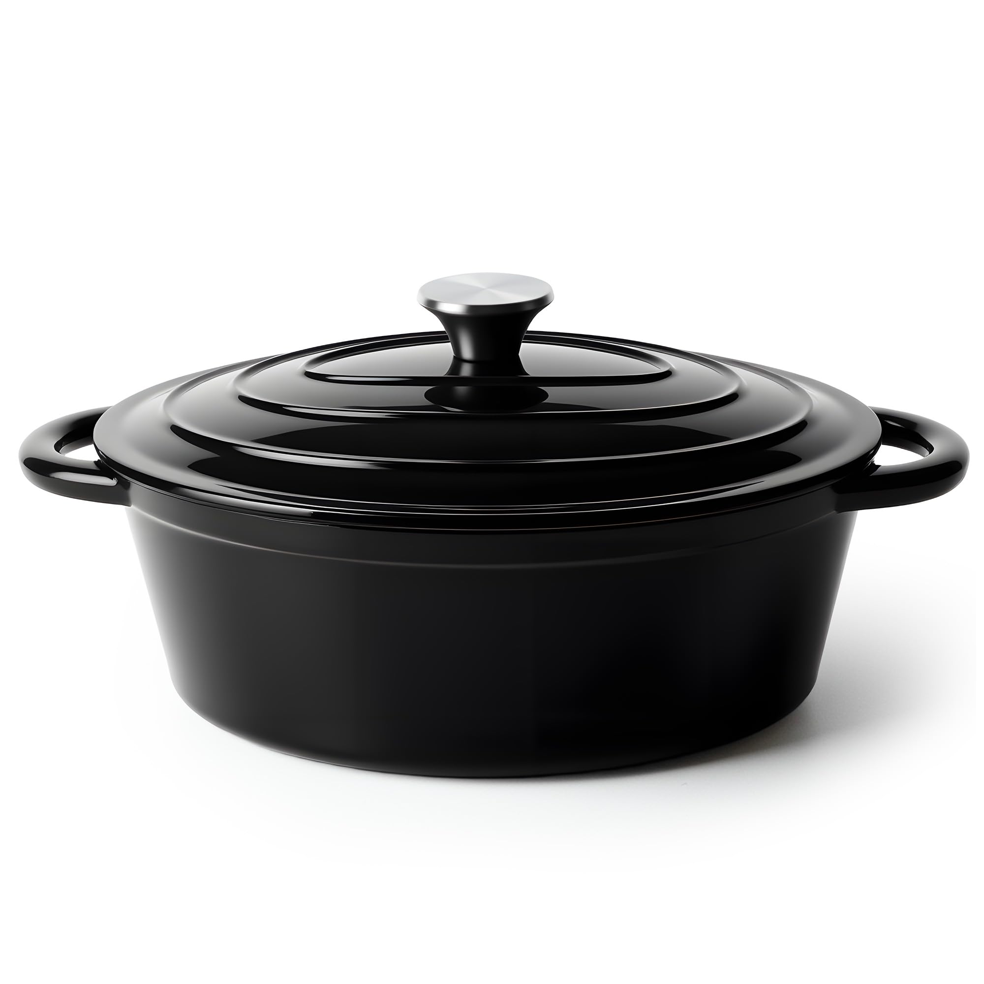 Kerilyn 4.5 Quart Enamelled Oval Dutch Oven Pot with Lid and Two Handles, Cast Iron Dutch Oven for Cooking, Bread Baking, Non-Stick Cookware (Black)