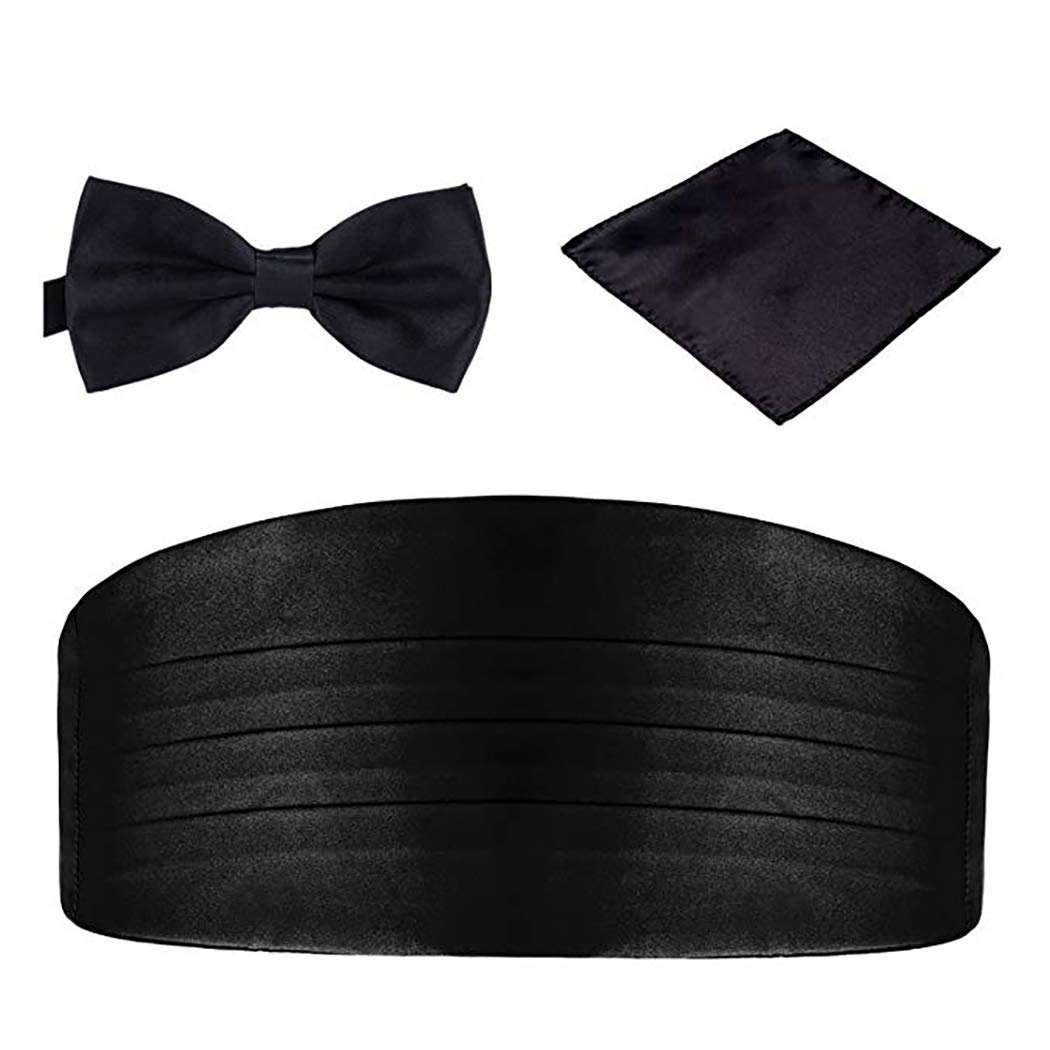 ZoylinkMens Bow Tie Fashion Solid Color Formal Bowtie with Pocket Square & Cummerbund (Black)