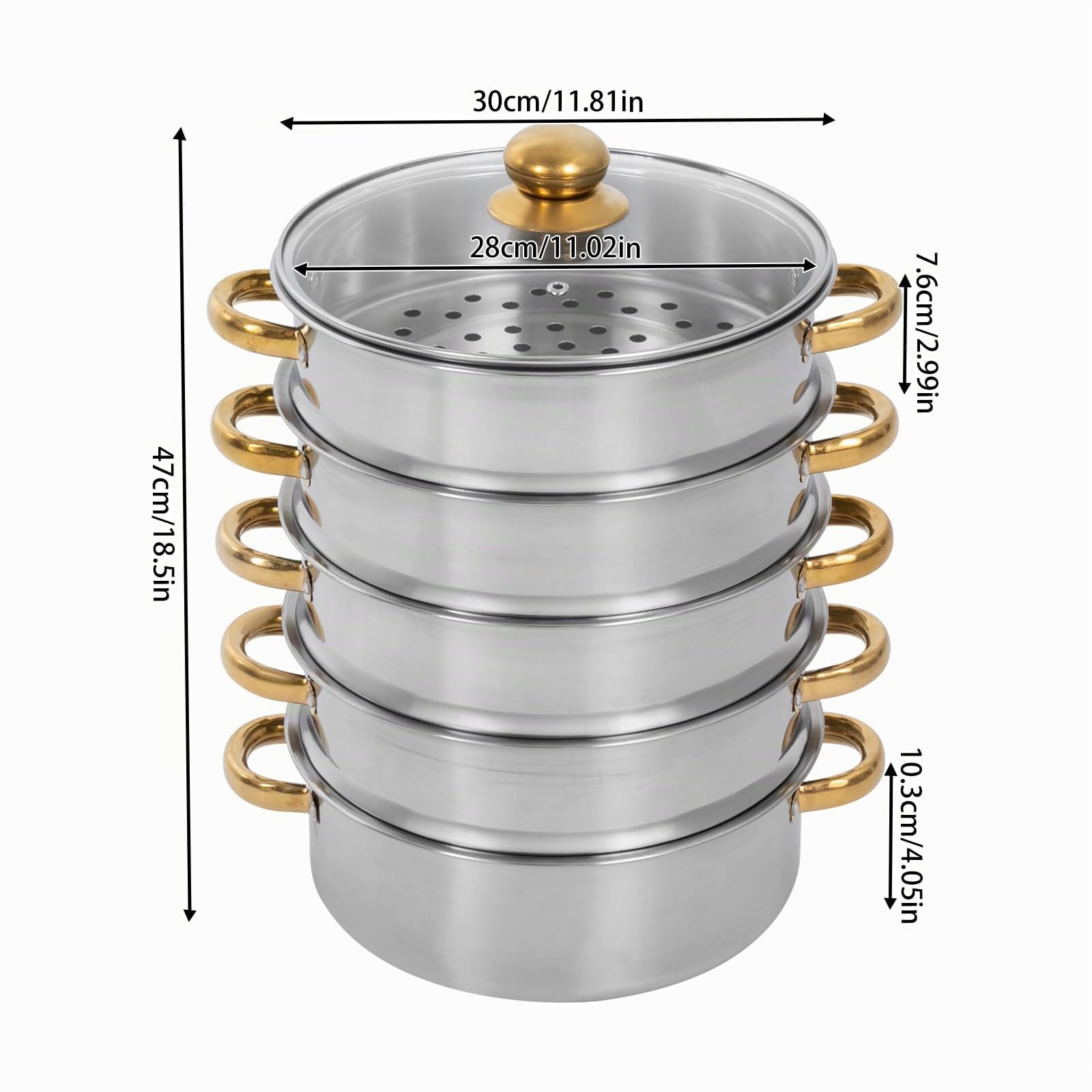 5-Etagen Dampfgarer | Edelstahl-Dampfkochtöpfe mit Glasabdeckung | Kochgeschirr-Dampfkochtöpfe für alle Herdarten, Couscous Topf (30cm)