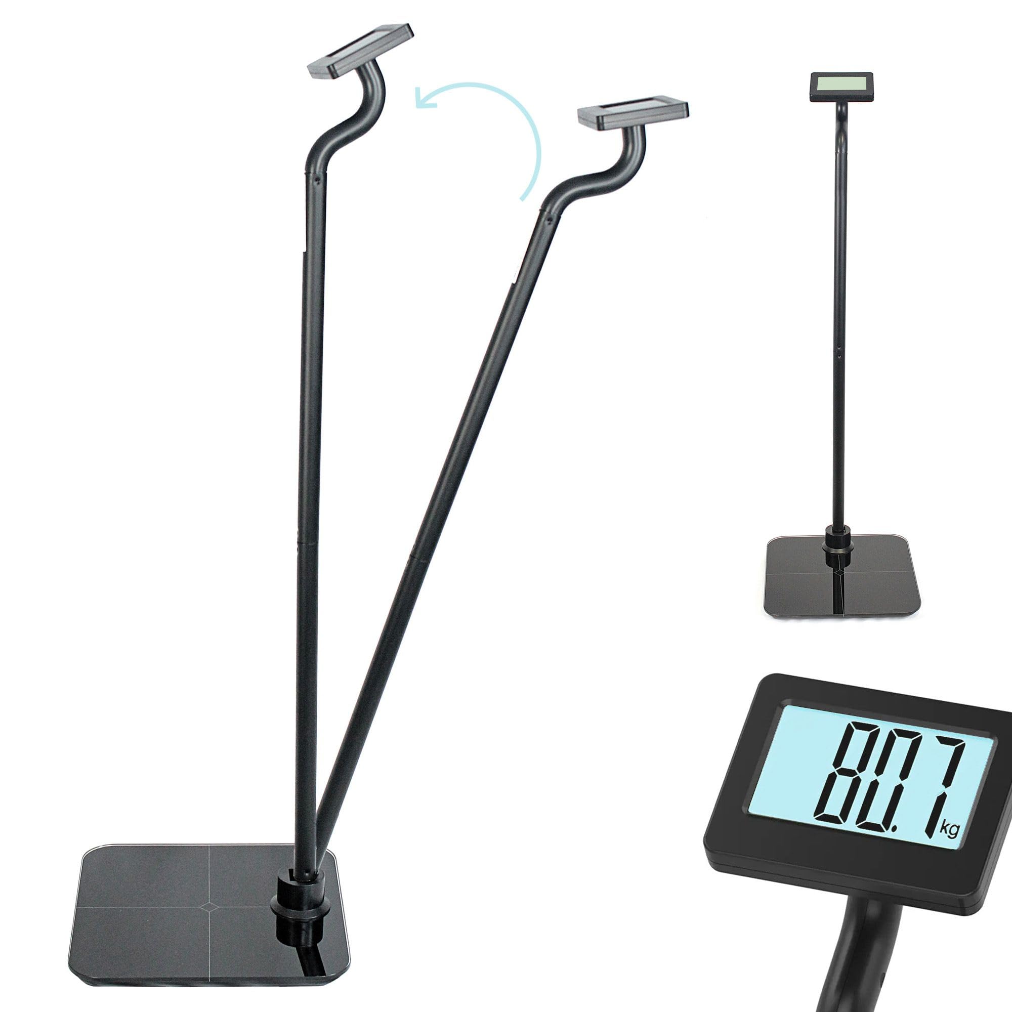 FISHTEC - Bilancia Persona Con Schermo Ravvicinato - Lunga Barra per Display LCD Retroilluminato Nelle Vicinanze - Indicatore di Peso Luminoso - Bilancia a Colonna Inclinabile e Piattaforma in Vetro