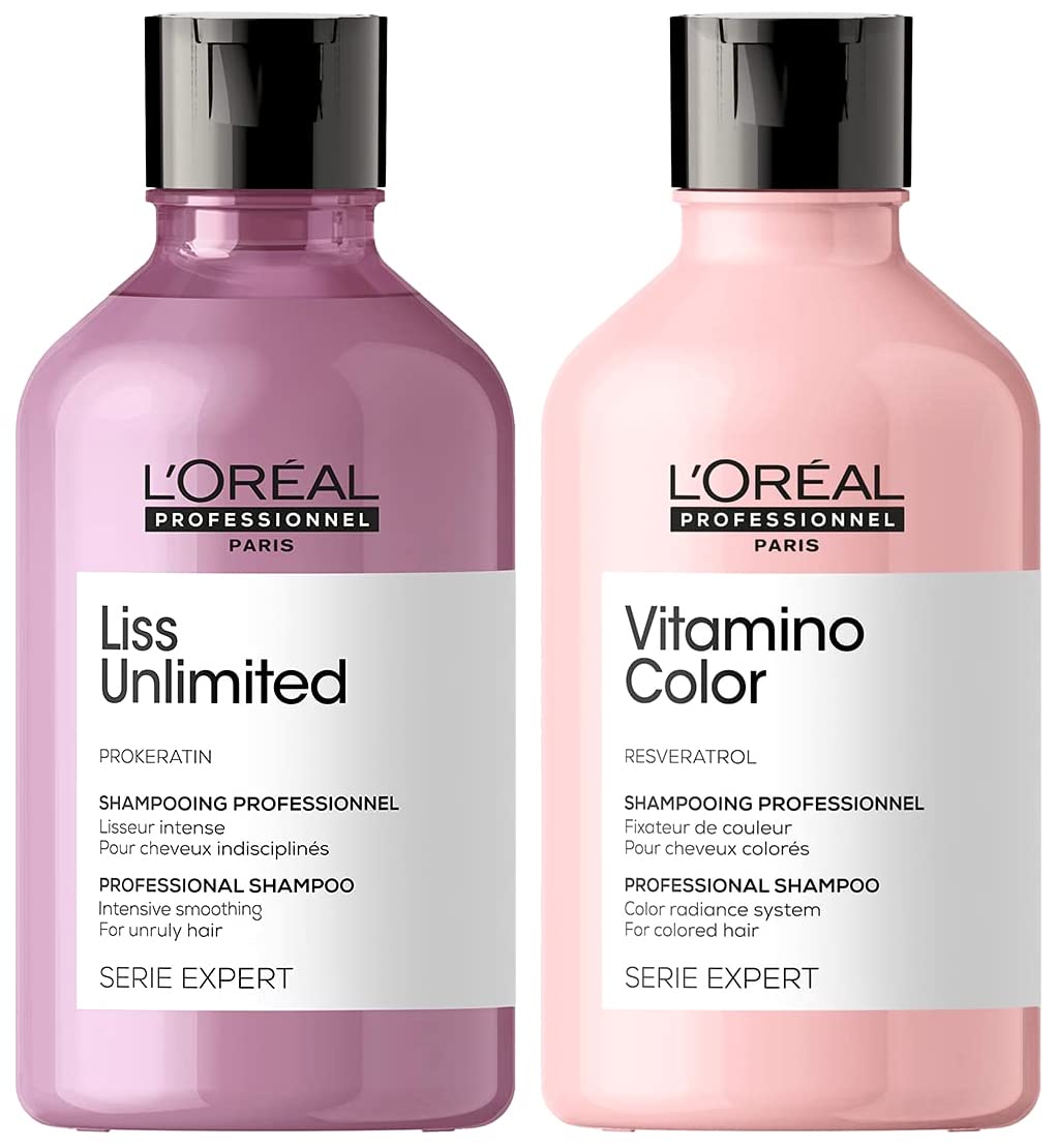 L'OREAL PROFESSIONNEL PARIS Serie Expert Vitamino Shampoo 300 Ml, For Coloured Hair & L'Oréal Professionnel Liss Unlimited Shampoo, Serie Expert, 300Ml