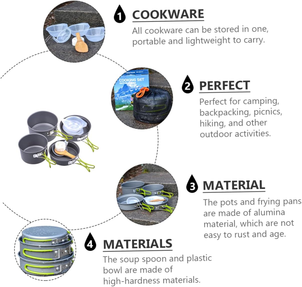 KICHOUSE Person Camping Cookware Set Portable Kit Outdoor Cookware Alumina Pot Pan Set Lightweight