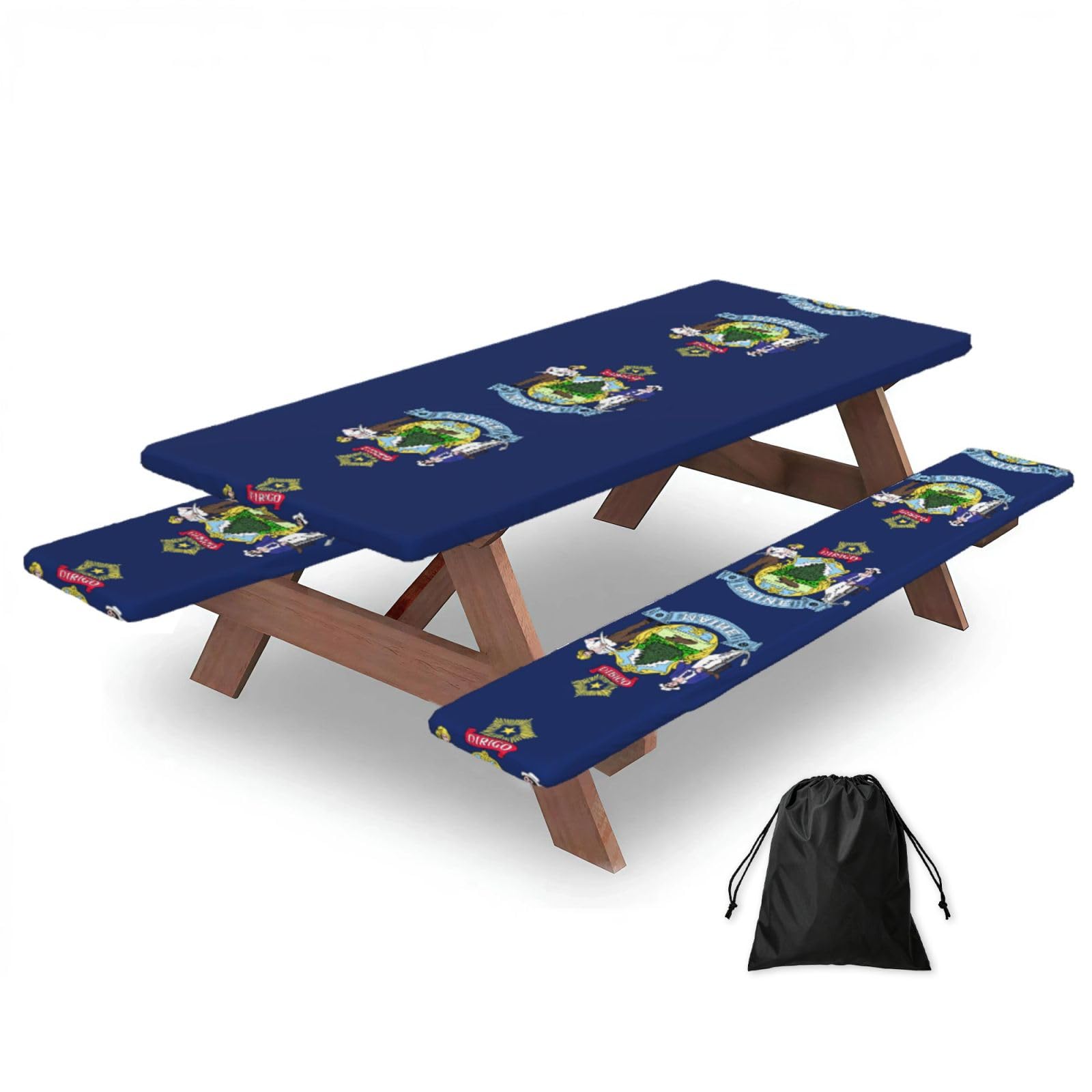 Yqxwjl Black Maine State Flag Print Camping Essentials Waterproof Camping Table And Bench Cover With Drawstring Bag 183 Cm