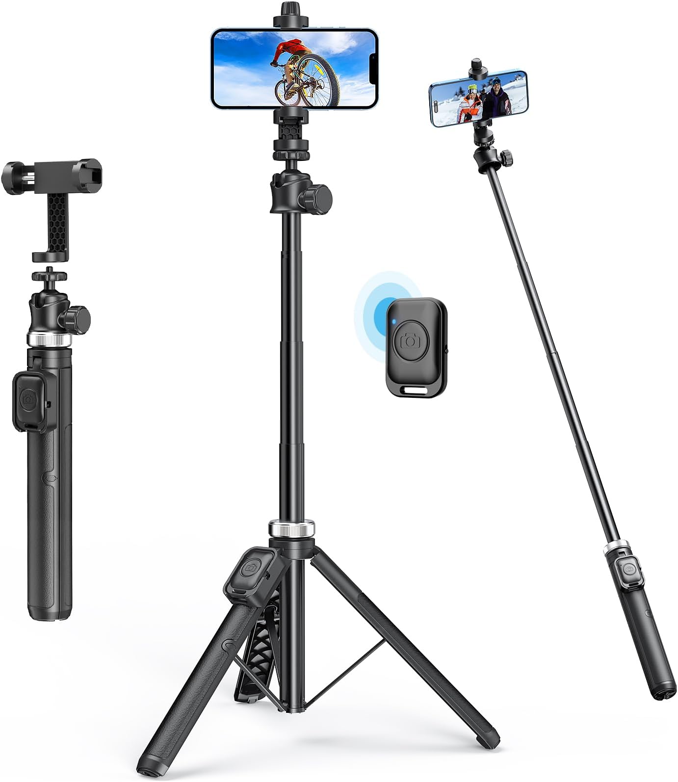 62" Phone Tripod - Extendable Tripod for iPhone and Selfie Stick Tripod with Remote, 360° Ball Head Upgraded Cell Phone Tripod for Video Recording, iPhone 14/13/12 Pro Max/Android