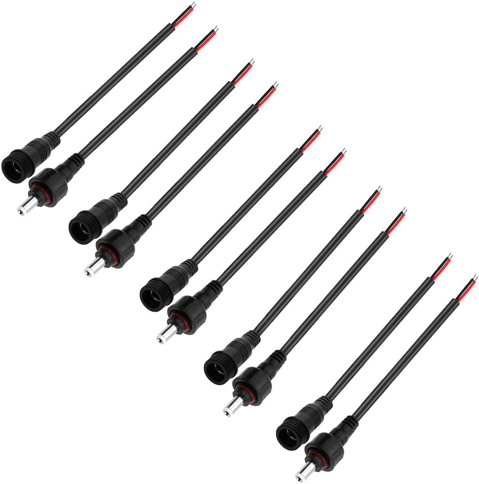 ALITOVE 5 Pairs 2 Pin 2 Core DC Power Cable Jack Adapter Connector Male Female Plug LED Connector Waterproof IP65 with 20cm 22AWG 2X 0.3mm² Cable 17mm Nut for 5050 2835 5630 3528 LED Strip Lights