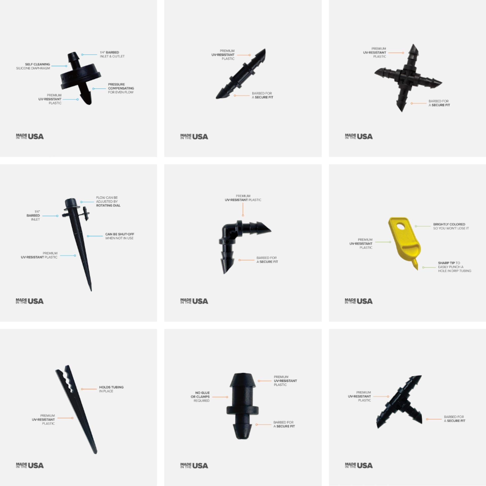 Kit di irrigazione a goccia | Prodotto negli Stati Uniti | Assortimento da 107 pezzi | Raccordi, emettitori e tubi da 1/4" | Kit di riparazione ed estensione